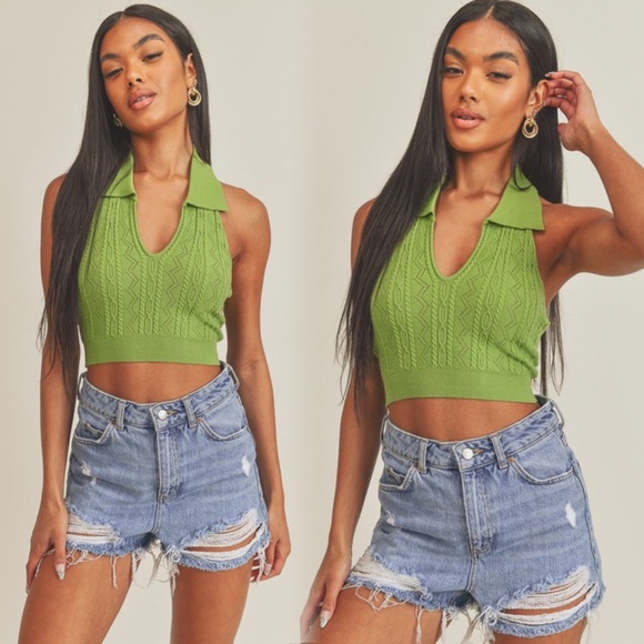 Collared v neckline cable knit halter top - Picture 4 of 10